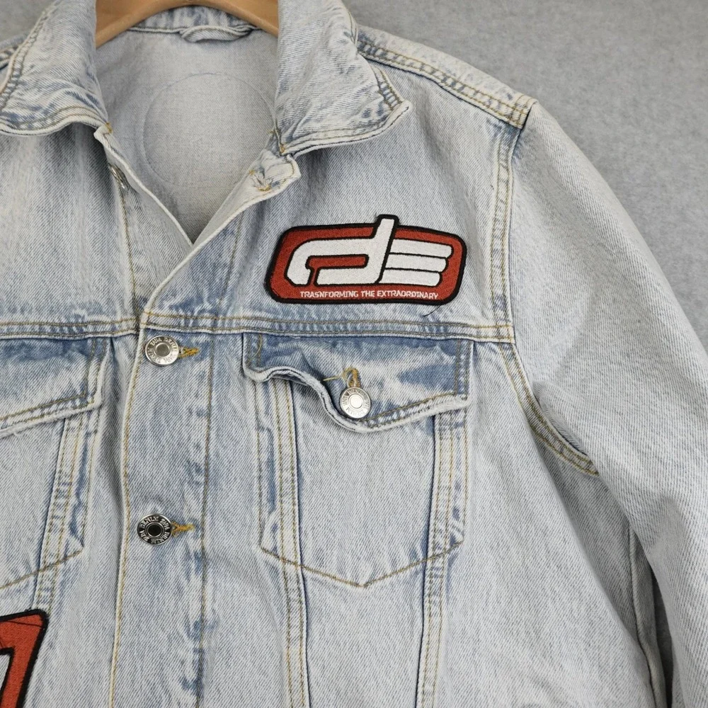 Zara Distressed Denim Jacket Mens Medium Graphic Patches Button Light Wash AOP
